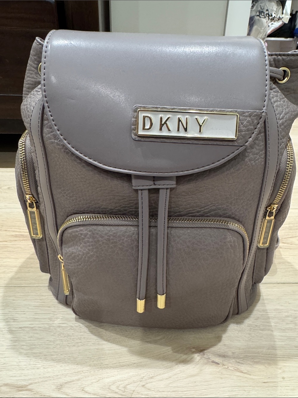 DKNY Rapture Travel Taupe Gray Leather Backpack with Gold Hardware